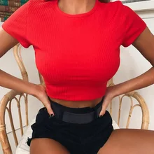 Спортивные топы для женщин, Спортивные укороченные топы, Новое поступление, эластичные, с круглым вырезом, пикантный зауженный спортивный зал, фитнес спорт, бег, Йога рубашки 50