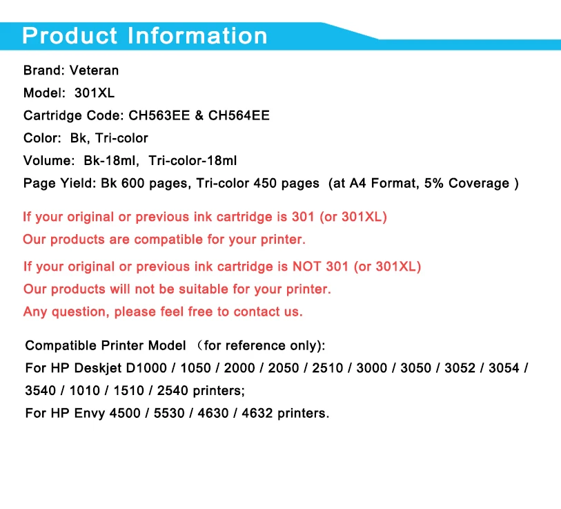 Ветеран чернильный картридж 301XL для hp 301 xl hp 301 картридж для hp Envy 4500 4502 4504 с чернилами hp Deskjet 2050 1000 1050 2510 3000 3054 принтер