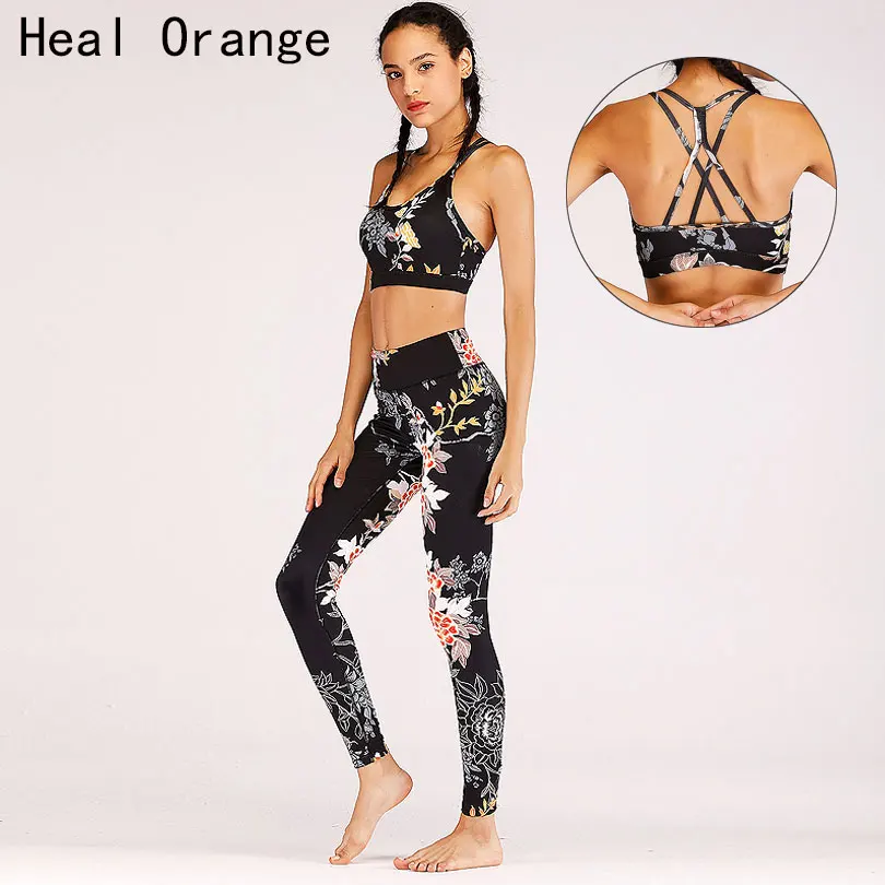 

Heal Orange Print Women Running Suits Sport Clothing Sportswear For Women Overalls For Sport Leggings And Top For Sports Yoga