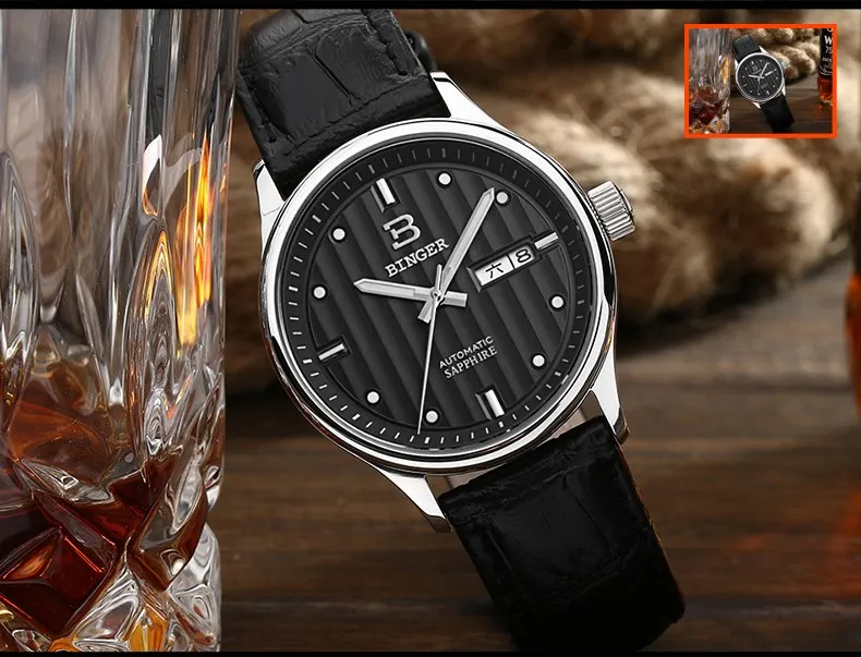Бизнес часы Бингер Элитный бренд Часы автоматические часы механические движения кожаный ремешок 30 м Водонепроницаемость Relogio masculi