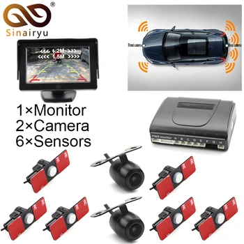 

Sinairyu 3in1 16MM Original Flat Sensor Car Front Rear 6 Sensors Video Radar Parking Sensor + 5" Car Monitor with 2 Camera