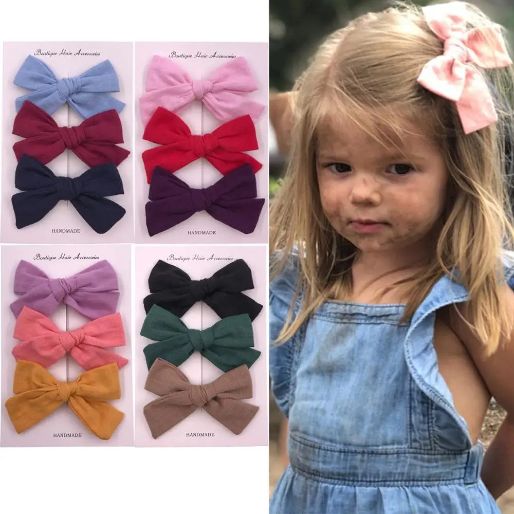 

3 PCS/Card Fabric bow clips 4-inch Large Cotton knotted hair clips bow Barrettes Girls Headwear Hair Accessories