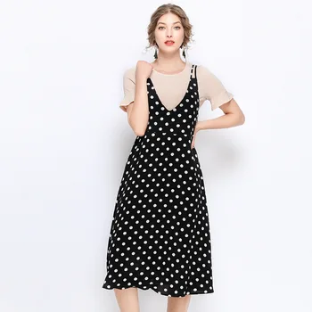 

Summer Women clothes set t shirt+polka dot strap dress female Elegant two pc Dress set casual vestidos Plus size midi dress 5XL