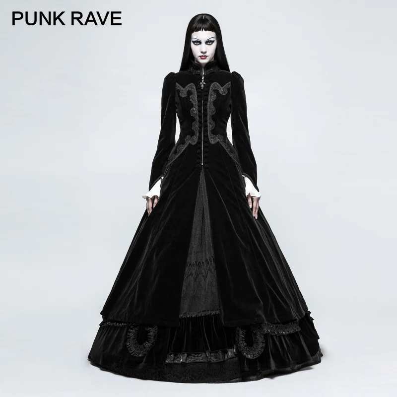 PUNK RAVE Gothic Palace Swallow Tail Embroidery Velveteen Long Wool Blends Coats Vintage Pattern Party Halloween Christmas