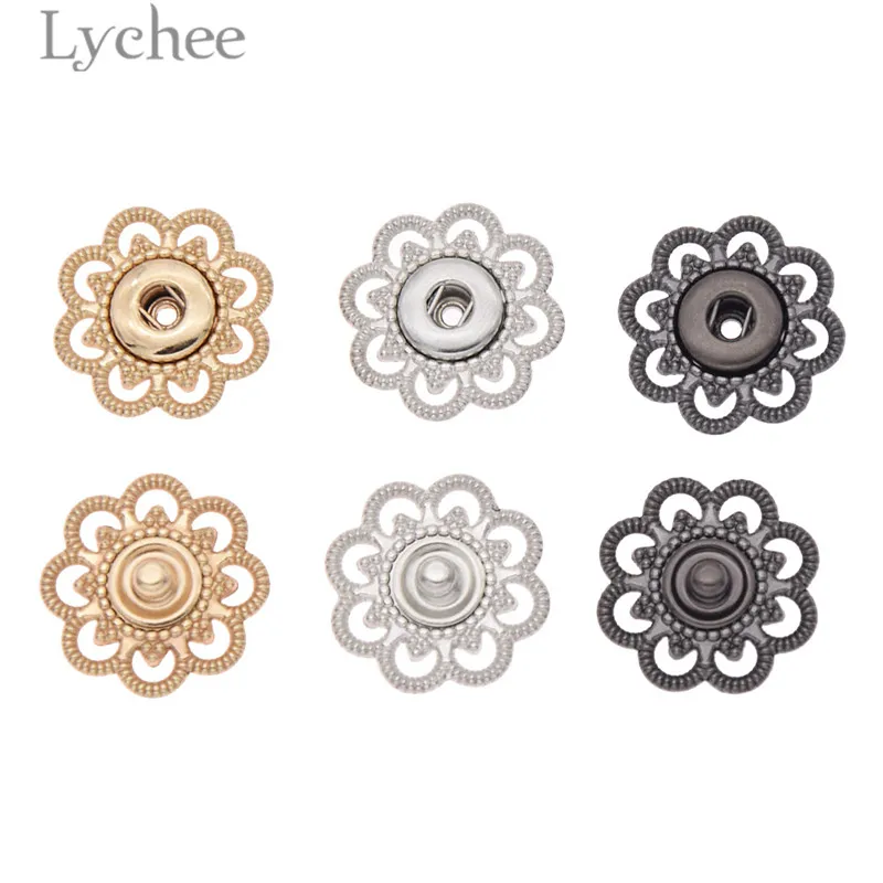 

Lychee Life 10pcs Hollow Flower Shaped Metal Snap Buttons Gold Color Silver Color Button DIY Sewing Accessories For Clothes