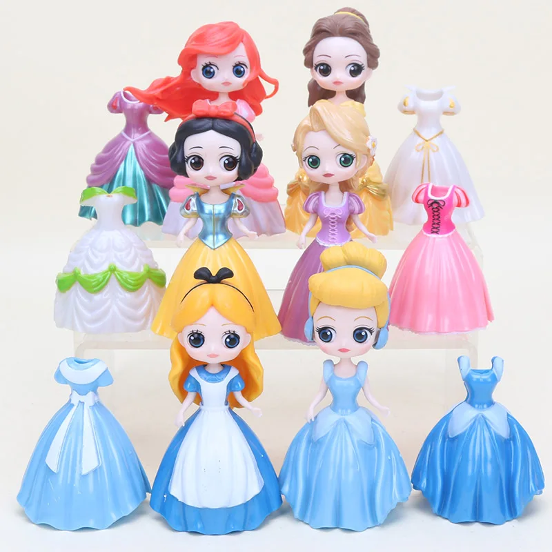 

12pcs/lot Princess Snow White Mermaid Ariel Belle Alice Cinderella figure With Magic Clip Dress Figure Toy for children