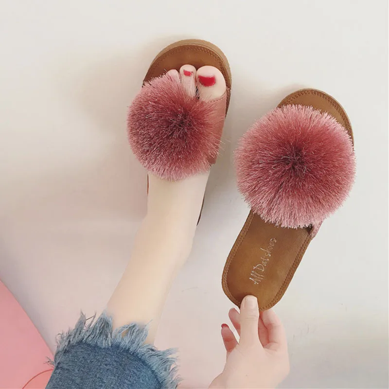 brand design pom pom fur slippers women ball feather flip flops low