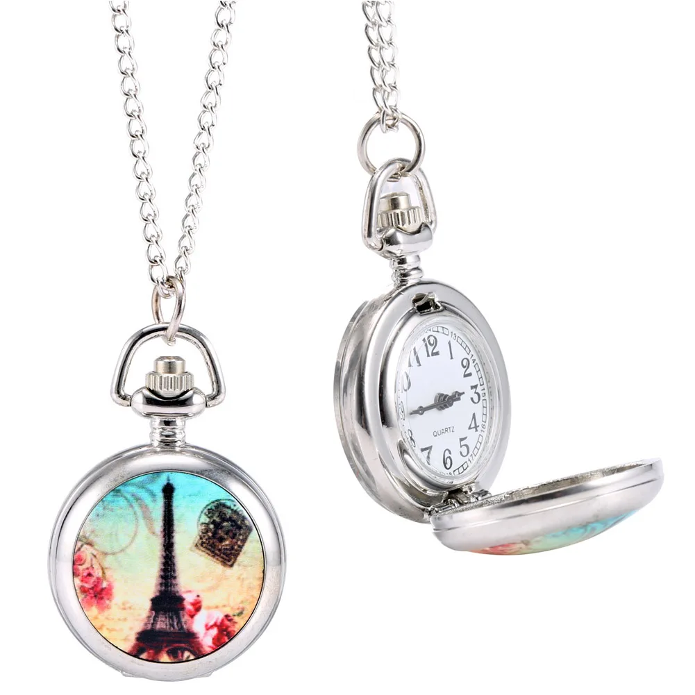 

Fashion Vintage Quartz Pocket Watch Colorful Tower Pattern Retro Sweater Chain Necklace Pendant Clock Gifts LXH