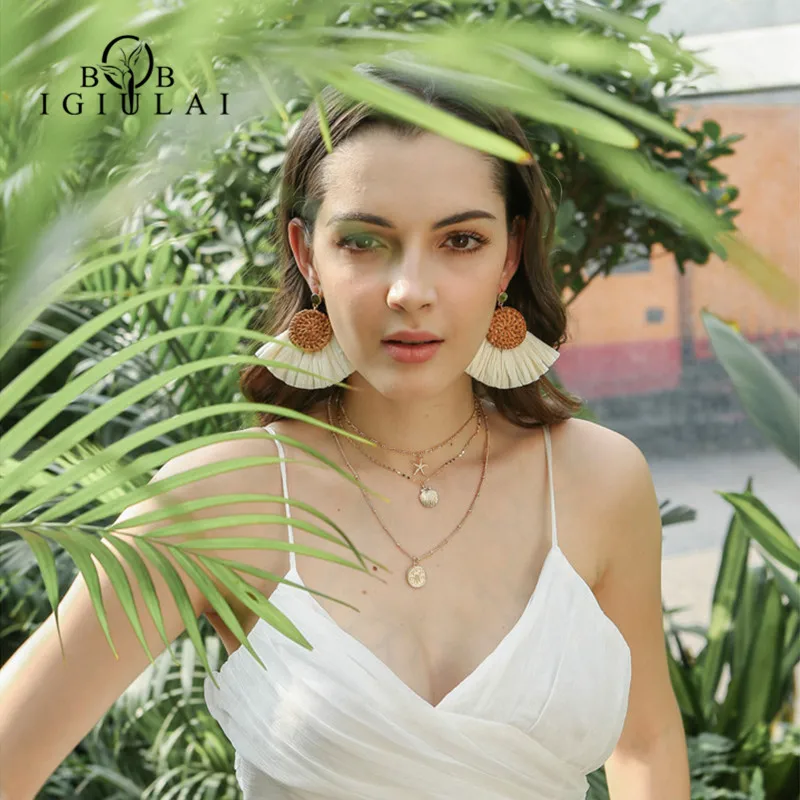 

BOB IGIULAI Brand Charm Boho Earrings Women Fashion Raffia Handmade Rattan Earrings Jewelry Hyperbole Big Dangle Earrings