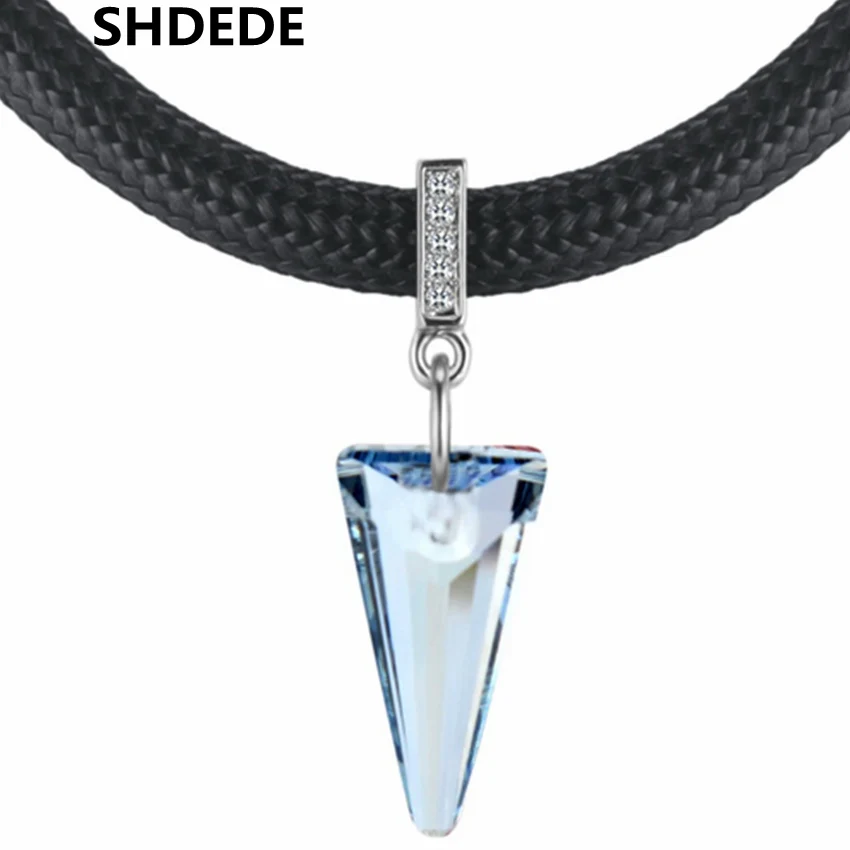 

SHDEDE Geometric Crystal from Swarovski Women Pendant Necklaces Vintage Fashion Jewelry Black Leather Rope Chain Chokers -28735