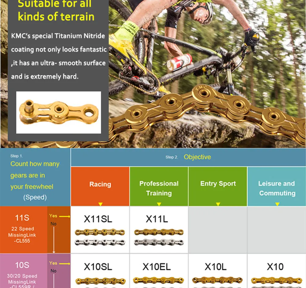 Discount KMC chain x11 x11L x11sl X11ept x11el x11.93 gold silver for MTB/Road Bike fo Shimano/SRAM 11 speed 116L /chain bike Full hollow 6