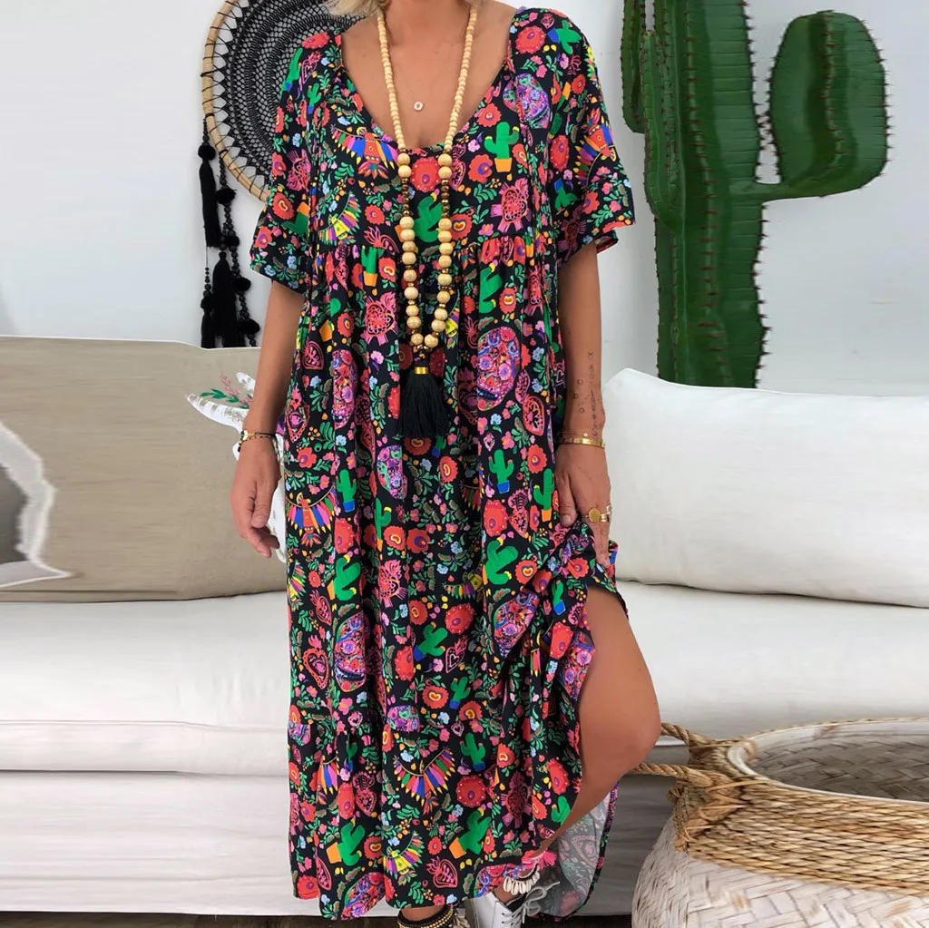 

Feitong Bohemian Robe Longue Women Summer Dress Stylish Loose V-Neck Print Backless платье летнее Short Sleeve Maxi Summer Dress