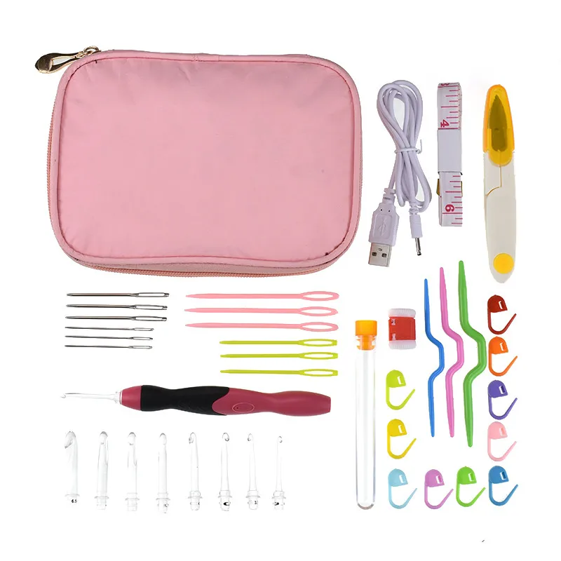 Светодиодный набор крючков для вязания крючком, 9 сменных головок, светильник, набор вязальных иголки-крючки, Швейные аксессуары с водонепроницаемой сумкой - Цвет: Pink Color