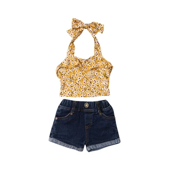 

Summer Toddler Baby Girl Clothes Floral Halter Tops Denim Shorts Set Baby Girl Outfit Kids Girls Clothes Toddler Clothing Set