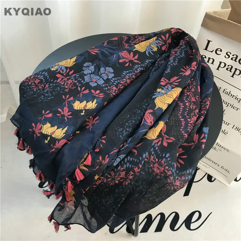 KYQIAO винтажный шейный шарф mori для девочек на осень и зиму в японском стиле, этнический дизайнерский бренд, темно-синий шарф с принтом, кашне, платок