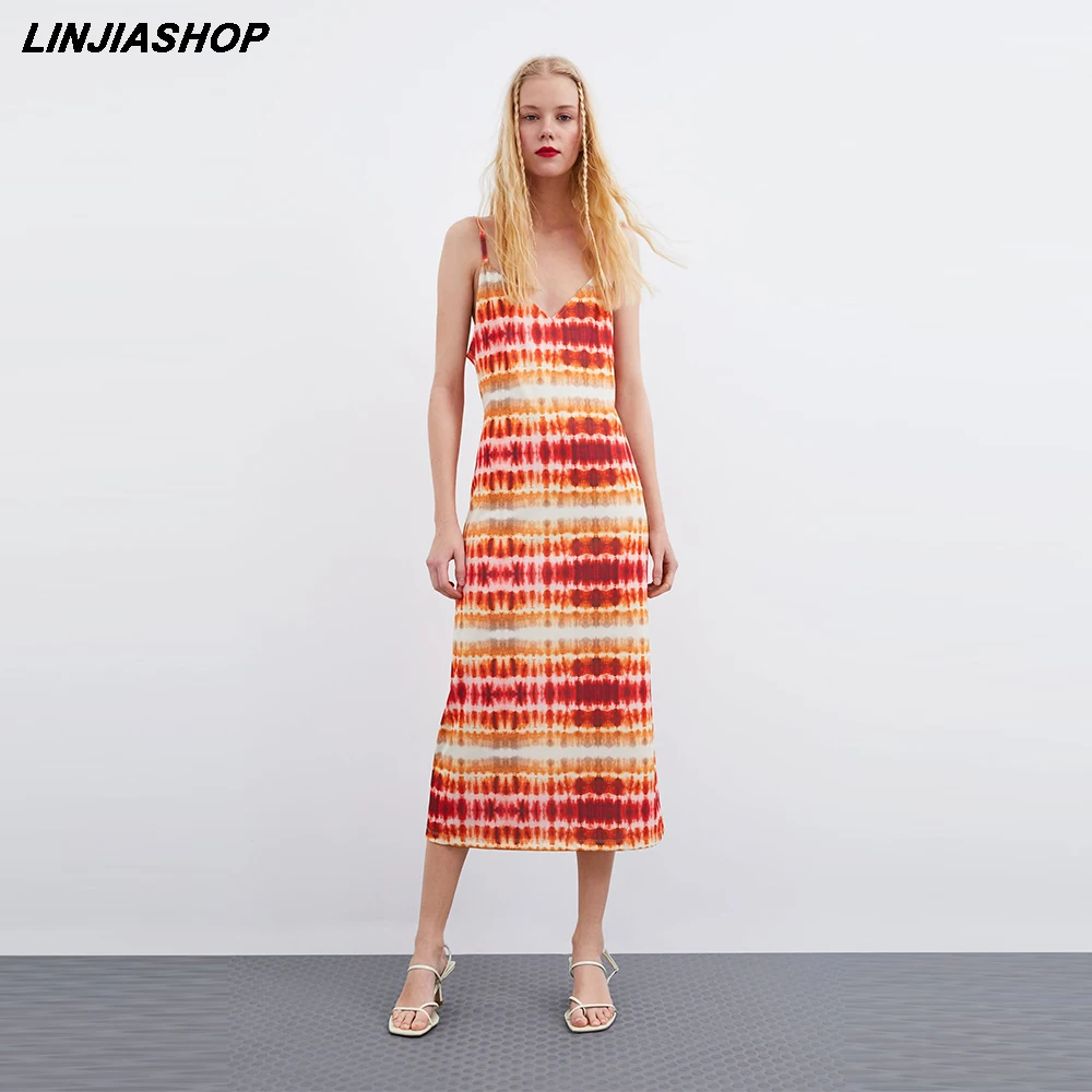 

Vintage V Neck Patchwork Dress Women A Line High Waist Sleeveless Mid-Calf Spaghetti Strap Tie-Dye Summer Holiday Beach Dress