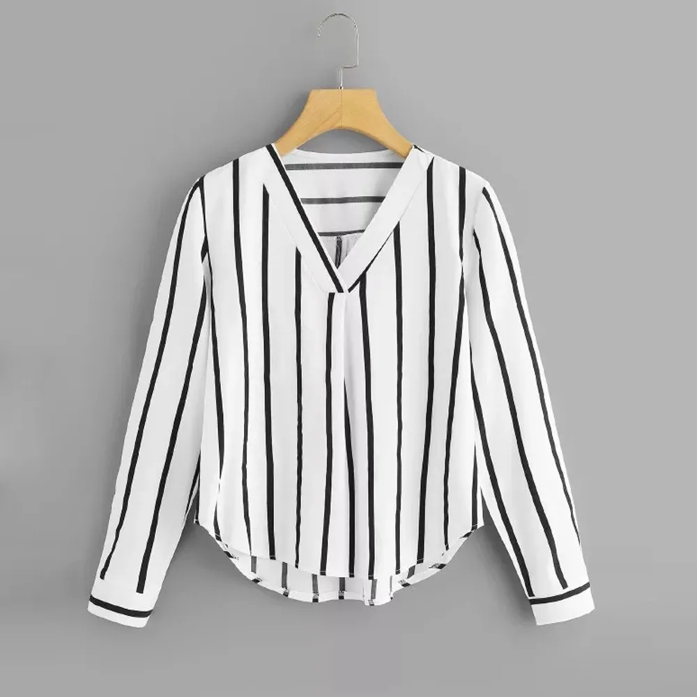 

Women Casual Autumn Long Sleeve V Neck Irregular Stripe Shirt Blouse #4