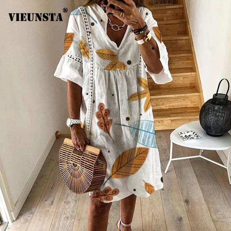 

VIEUNSTA Women Sexy Hollow Out V-neck Mini Dress Summer Floral Print Patchwork Party Dress Female Half Sleeve Casual Beach Dress