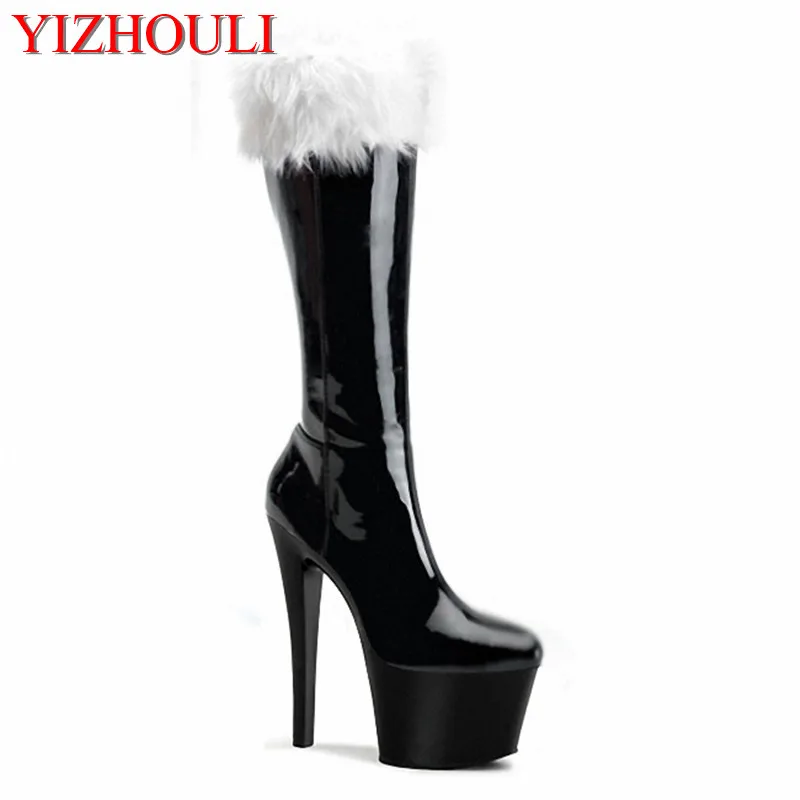 Sexy tall boots 17CM high heels, club half boots, PU mirror in front of a large Dance Shoes leecabe black pu stripe style high heel sandals 17cm 7inches sexy model shoes pole dance shoes