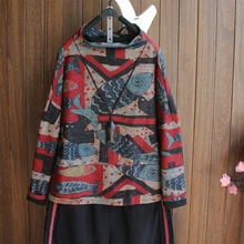 Этническая винтажная женская футболка с принтом рыбы, Короткие топы, облегающие Осенние Теплые бархатные футболки, повседневная свободная одежда с полувысоким воротником