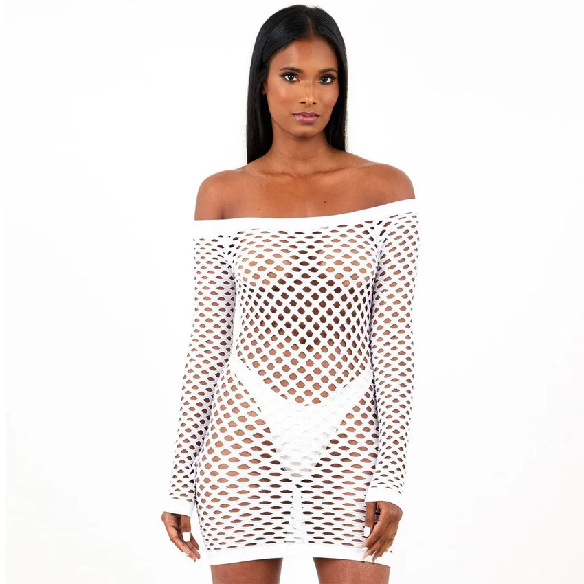 

Mesh Dress See Though Dress Women Summer Dresses Off Shoulder Long Sleeve Robe Sexy Club Mini Transparent Zomerjurk Dames 2019