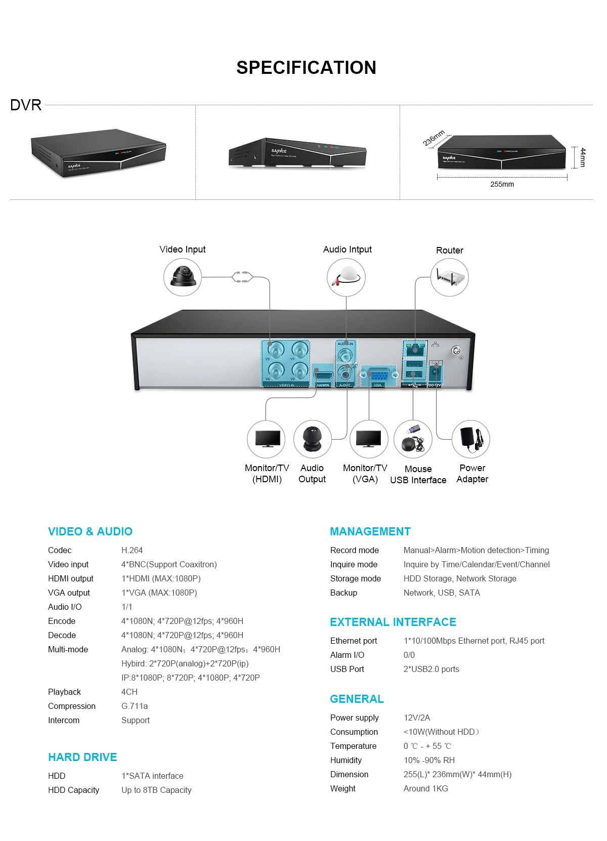 SANNCE 4CH 1080N DVR 720P камера безопасности CCTV система 4 шт 720P CCTV камера s P2P Открытый водонепроницаемый комплект видеонаблюдения