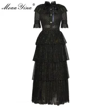 MoaaYina модное дизайнерское подиумное платье Летнее женское стоячий воротник короткий рукав бант сетка люрекс Элегантное нарядное платье