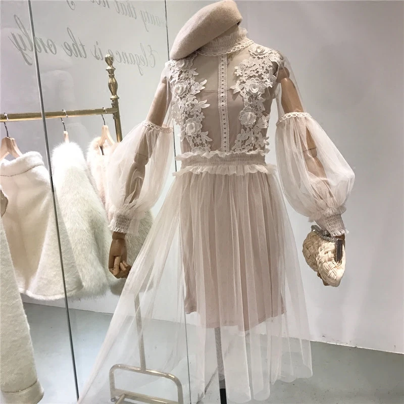 Женское кружевное платье ALPHALMODA с рукавами фонариками и высокой талией тонкое