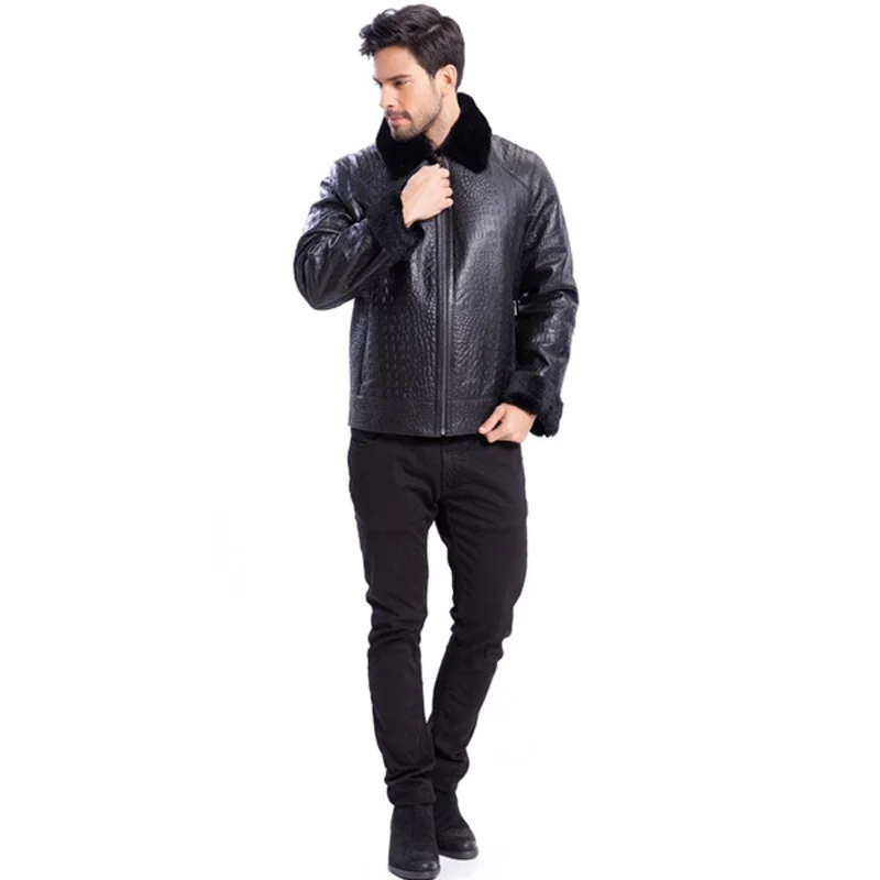 Denny&Dora 2018 New Short Style Mens Lapel Fur Black Jacket Leather Coats for Men Black Fur Winter Handsome Leather Jacket