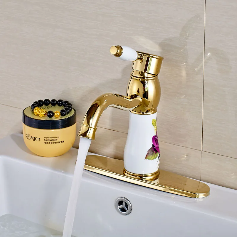 

Free Shipping Golden Bathroom Sink Faucet Deck Mounted Basin Vessel Sink Tap Hot and Cold Water With 6 Inch Cover Plate