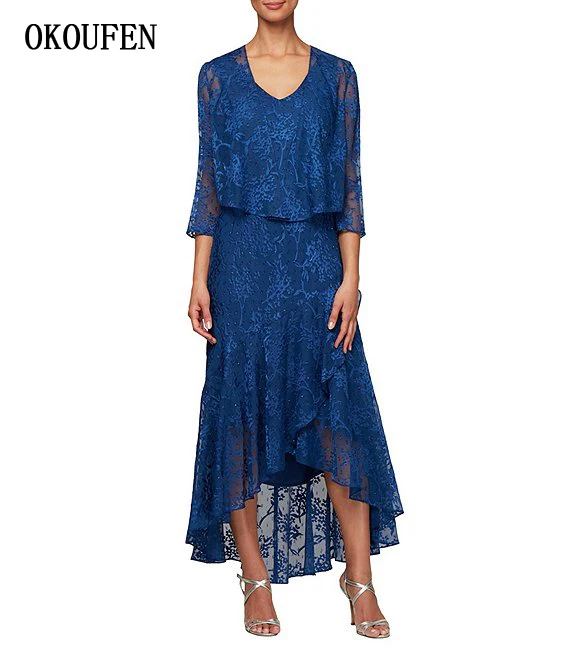 

Lace Mother of the Bride Dresses 2019 Blue Asymmetric 3/4 Sleeves 2 Pieces kurti for women Formal vestidos de madrinha farsali
