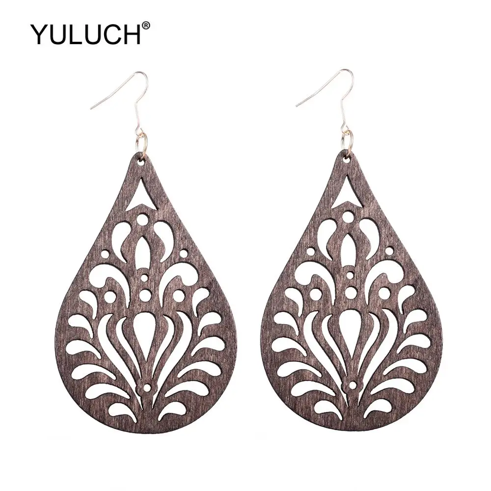 

YULUCH 2019 Vintage Water Drop Earrings African Wooden Hollow Flower Pendant Statement Earrings For Women Party Gifts Jewelry