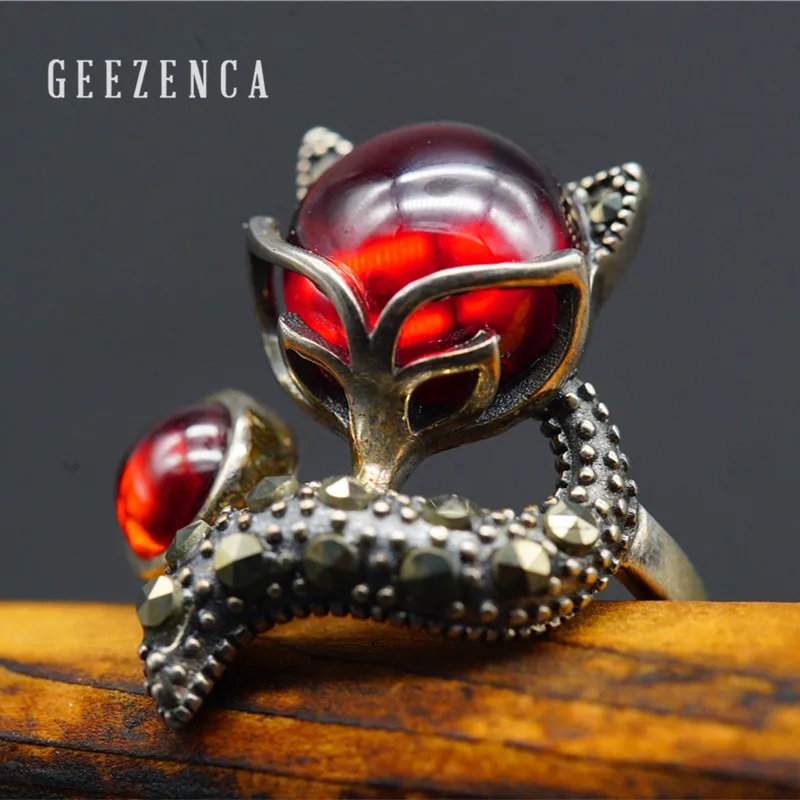 

GEEZENCA 925 Sterling Thai Silver Handmade Craft Fox Gemstone Resizable Cocktail Ring Red Carnelian Fine Jewelry Free Shipping