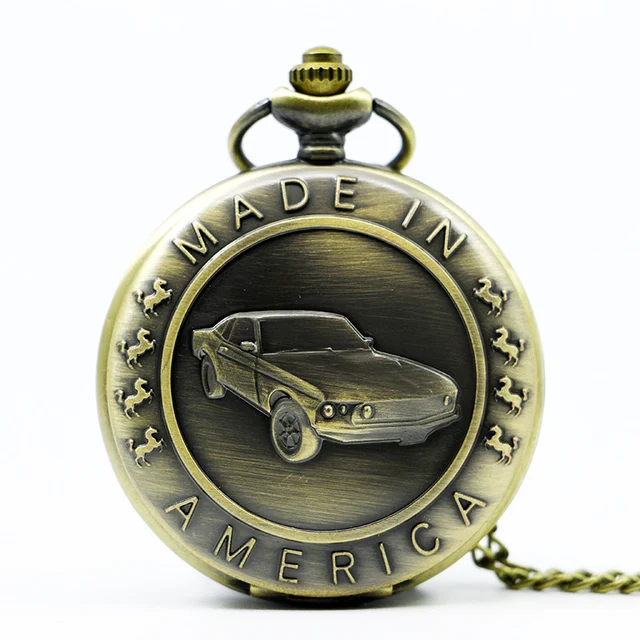 Bronze Mustang Pattern Car Quartz Pocket Watch with Key Chain Male Female Clock Bronze Mustang Pattern Car Quartz Pocket Watch with Key Chain Male Female Clock