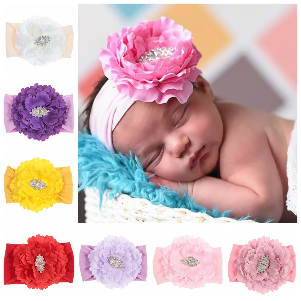 

24pc/lot Large Peony Flower With Wide Nylon Headbands Girls Soft Wide Nylon Headbands Children Girls Turban Hair Accessories