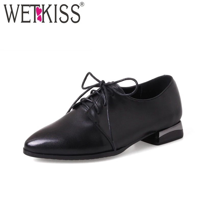 

WETKISS Fashion Low Heels Women Pumps Pointed Toe Lace Up Genuine Leather Thick Heels Footwear 2019 Casual Spring Female Shoes