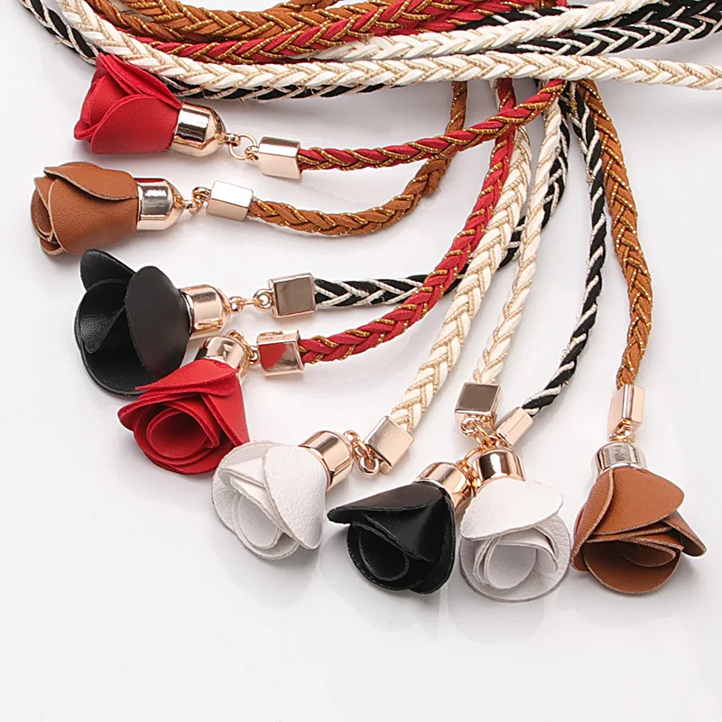 

Women Handmade Braided Waistband for Dress Rose Flower Tassel Self-Tie Thin Ceinture Femme Fashion Waist Rope Chain Femme Cinto