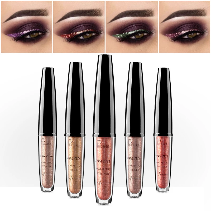 Pudaier Eyes Makeup Glitter Eyeliner for Eyeshadow Makeup Waterproof Metal Liquid Colored Eyeliner Shimmer White Silver Cosmetic