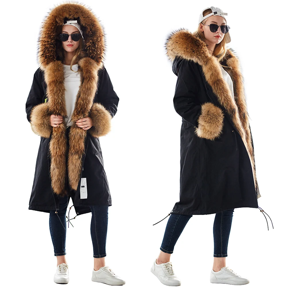 

MAOMAOKONG plus size winter natural raccoon parkas black raccoon fur lining X long jacket coat