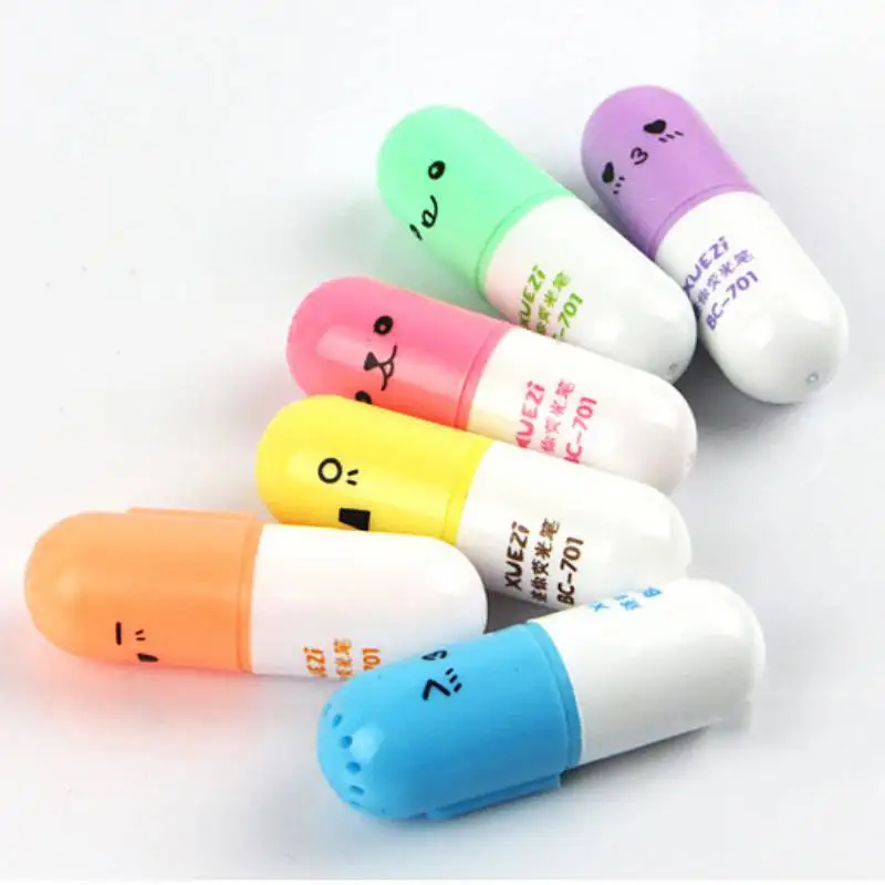 

6Pcs/lot Capsules Highlighter Vitamin Pill Highlight Marker Color Pens Stationery Office School Supplies Cute Highlight Pens