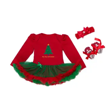 

3PCs per Sets Infant Girl Clothes Long Sleeves Red Baby Girl My First Christmas Letter Printed Dress Shoes Headband