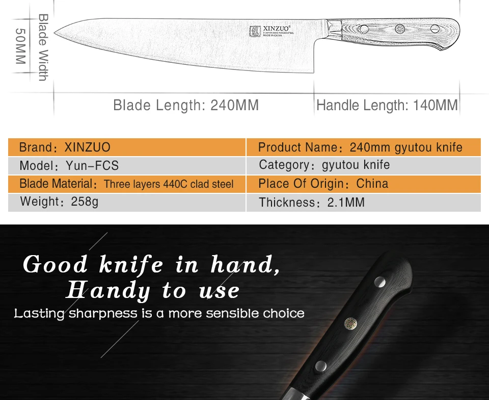 XINZUO 24 см нож шеф-повара из нержавеющей стали 3 слоя 440C Core Плакированные Стальные Кухонные ножи G10 Ручка мясорубки Кливер мясо Gyutou нож