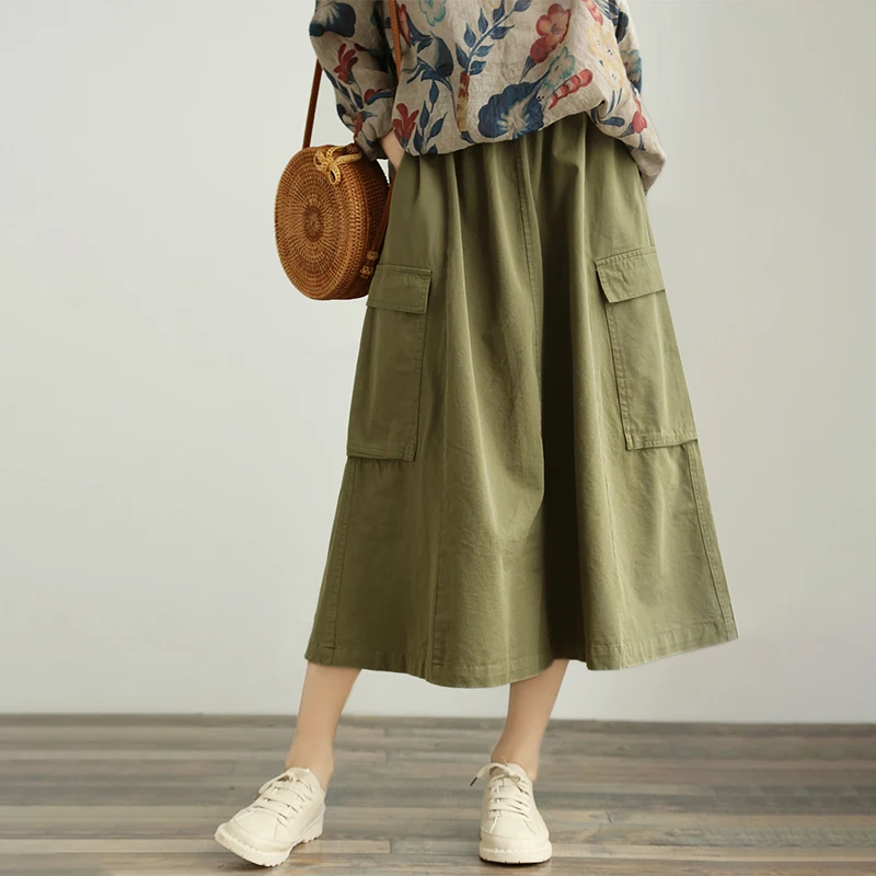 

TongKou 2019 spring new cotton retro stitching a word skirt literary long skirt casual elastic waist skirt