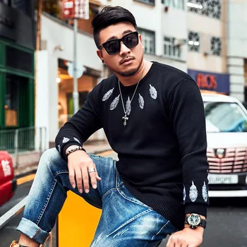 

2018 Autumn new Casual long-sleeved Sweater Men's Round neck Loose knit Sweater XL pullover Men's shirt 5XL 6XL 7XL