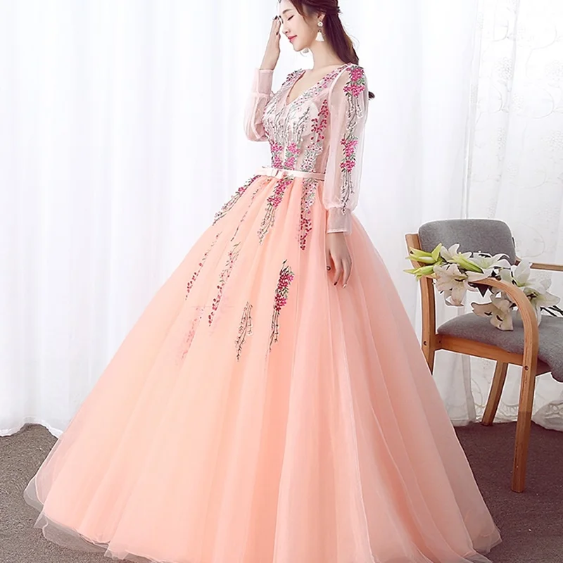 Платья для выпускного вечера Vestido Robe De Gala Бальные платья для взрослых аппликация Тюль длинный рукав v-образный вырез пышные платья для выпускного вечера TS966