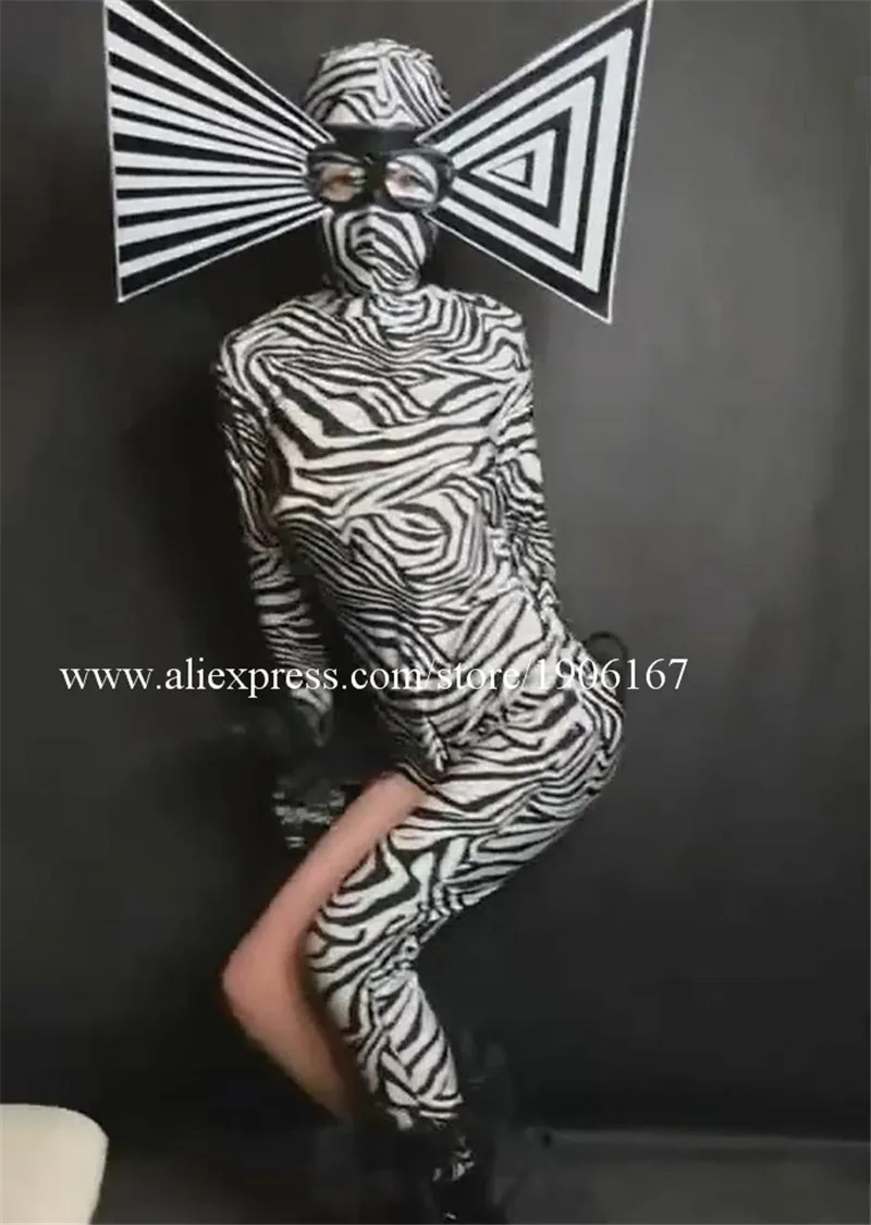 Sexy zebra costumes big hats green red black jumpsuits night club party cosplay costume performance stage tv show dance wear5