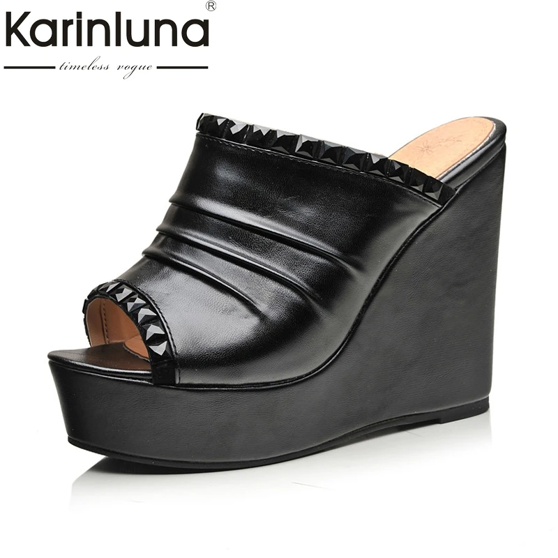 

Karinluna Women's Rhinestone Decoration High Heel Wedge Summer Shoes Woman Open Toe Platform Slippers Big Size 32-43