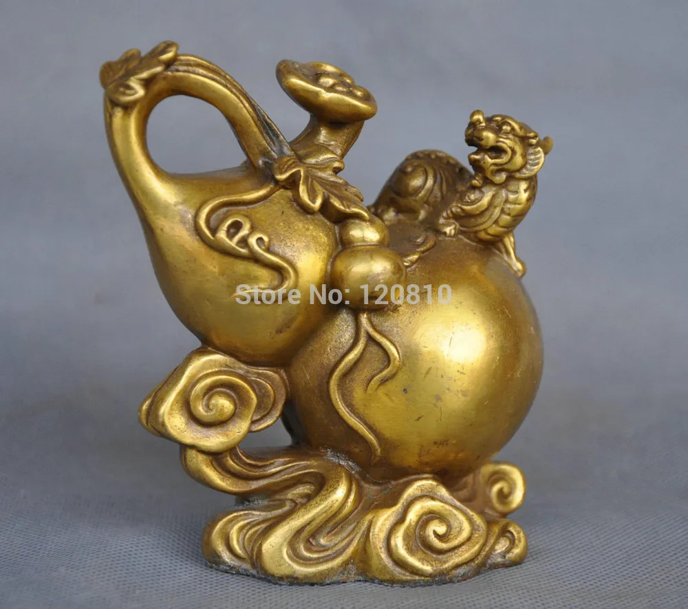

5'' China Folk Bronze Calabash Bottle Guard Foo Dog Dragon Bronze Statue