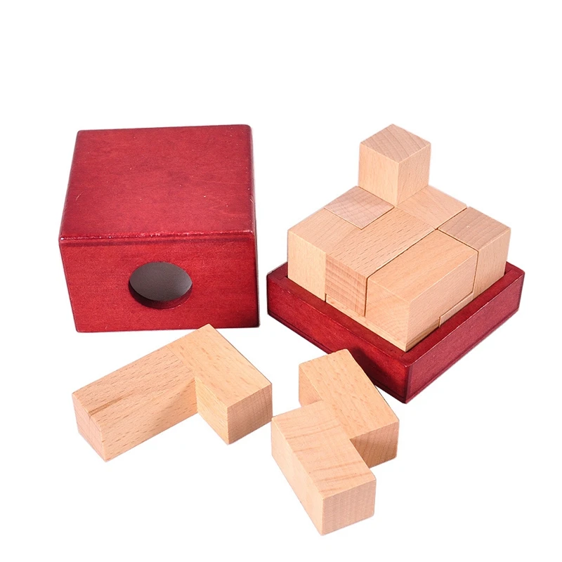 IQ Wooden Soma Cube Red Wooden Box with Cube Puzzle Logic Brain Teaser Wood Game Toys 3D Puzzles for Teens Adults Children Gifts 2