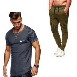 Летние Плиссированные мужские комплекты футболки + штаны комплекты из двух предметов Повседневный Спортивный костюм Мужская 2019 горячая